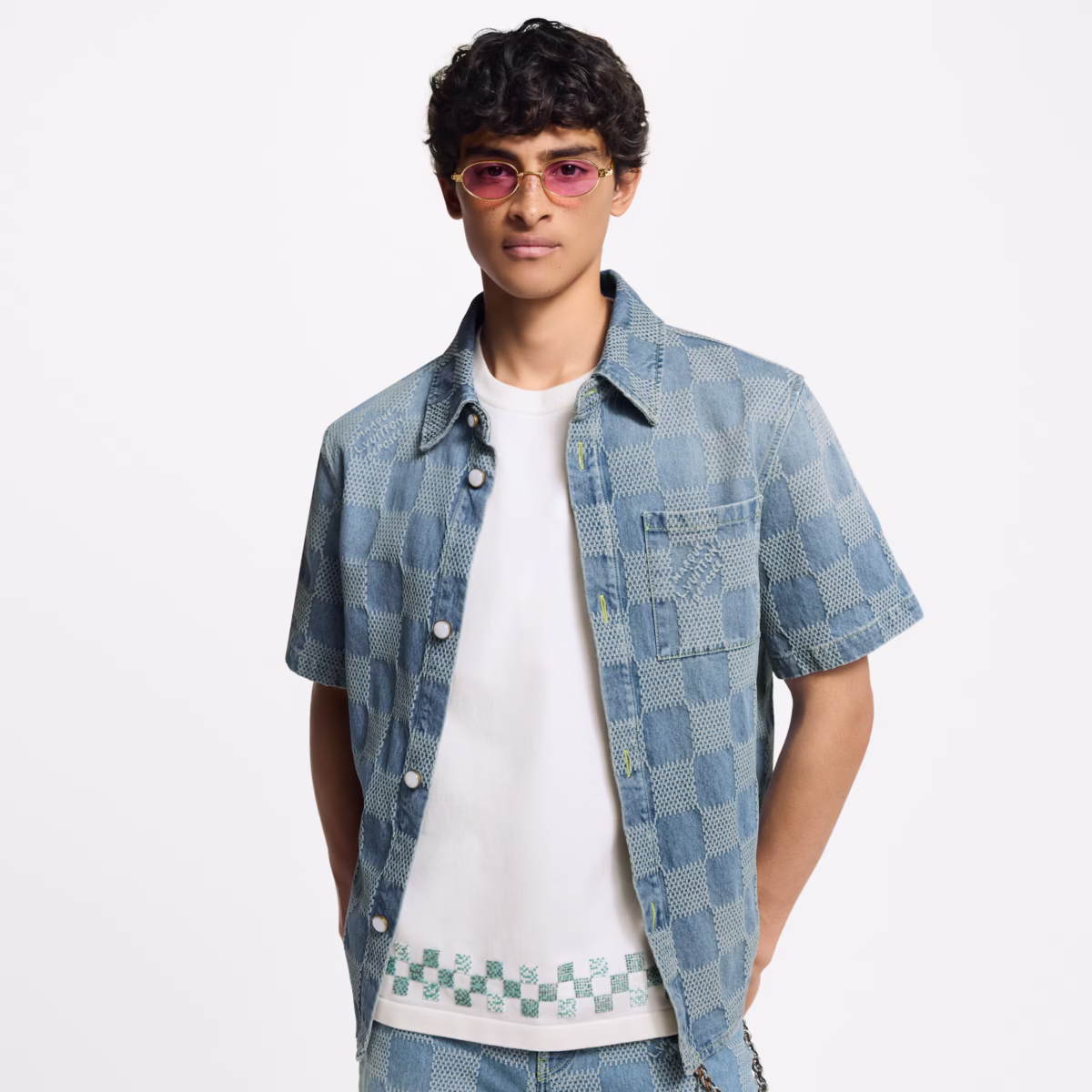Damier 3d Light Denim Short Sleeved Shirt - Image 1