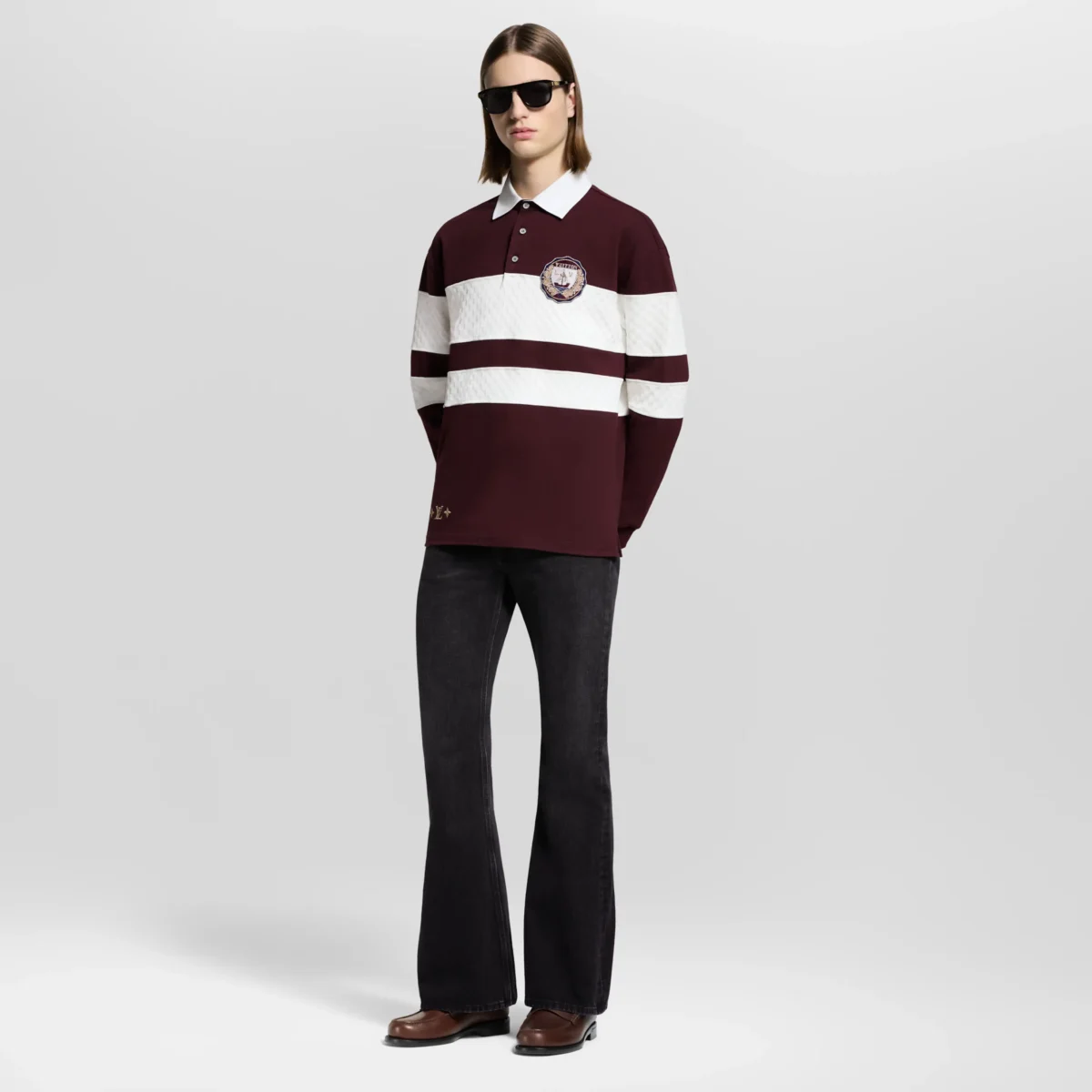 Damier striped long sleeved polo shirt - Image 3