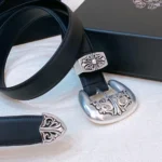 Chrome Heart Luxury Leather Belt in Black with Silver Detail - Image 2