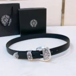 Chrome Heart Luxury Leather Belt in Black with Silver Detail