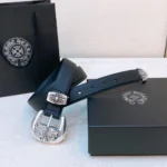 Chrome Heart Luxury Leather Belt in Black with Silver Detail - Image 3
